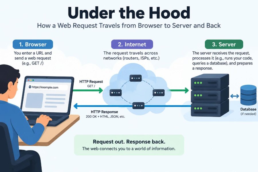 ⚙️ Under the Hood: How a Web Request Travels from Browser to Server and Back