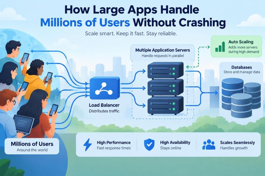 ⚙️ How Large Apps Handle Millions of Users Without Crashing