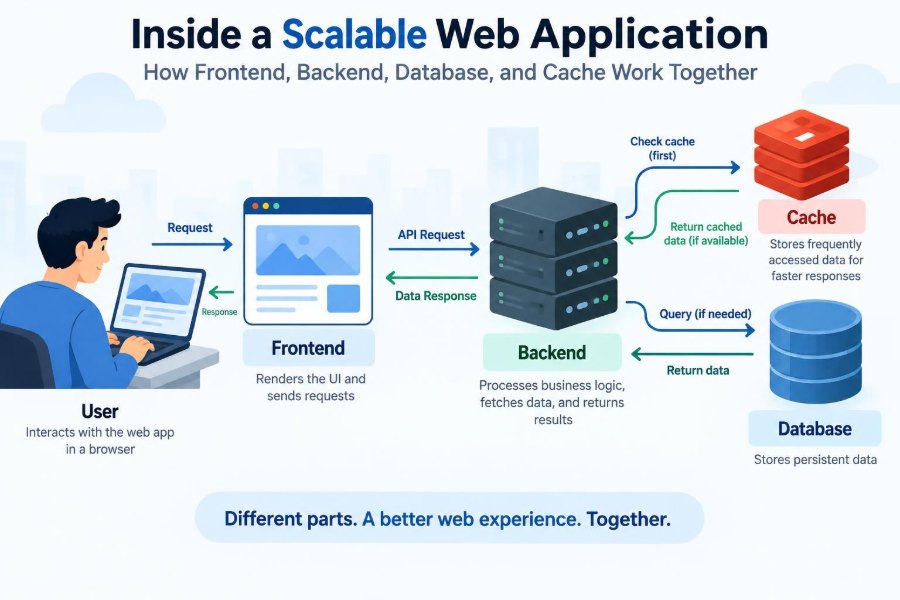 ⚙️ Inside a Scalable Web Application: How Frontend, Backend, Database, and Cache Work Together