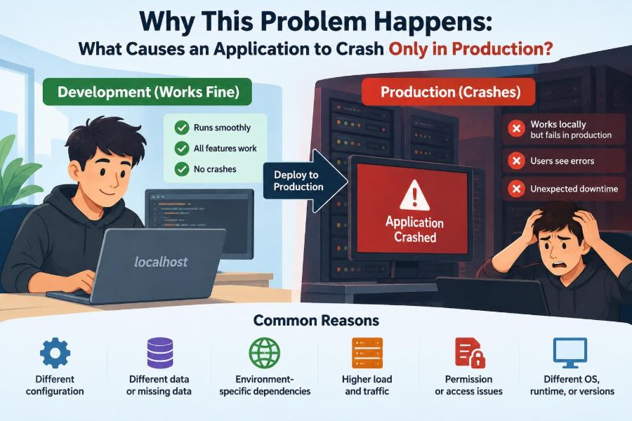 ⚙️ Why This Problem Happens: What Causes an Application to Crash Only in Production?